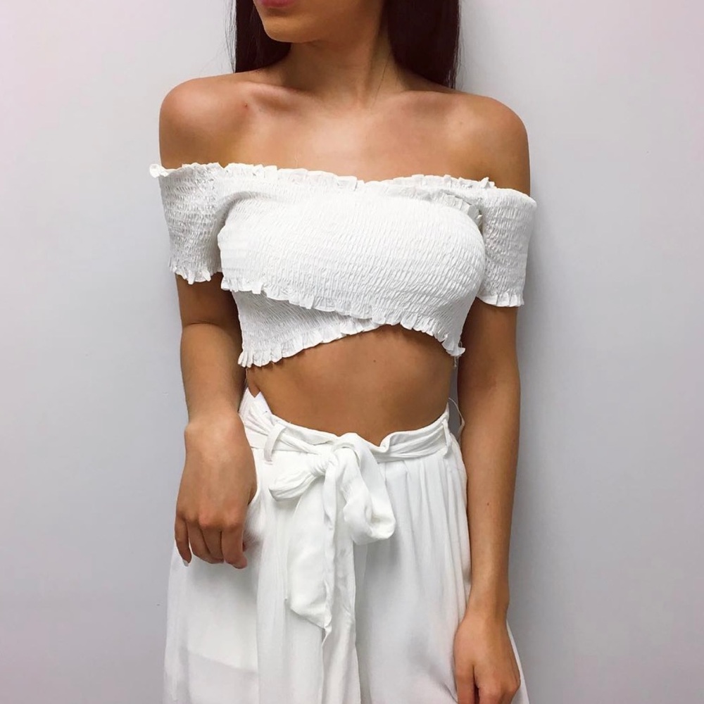 white crop ruffle off shoulder one size fits all top
